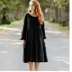 Son de Flor Black Linen Dress XS Long Sleeve‎ Cottagecore Minimalist Pockets